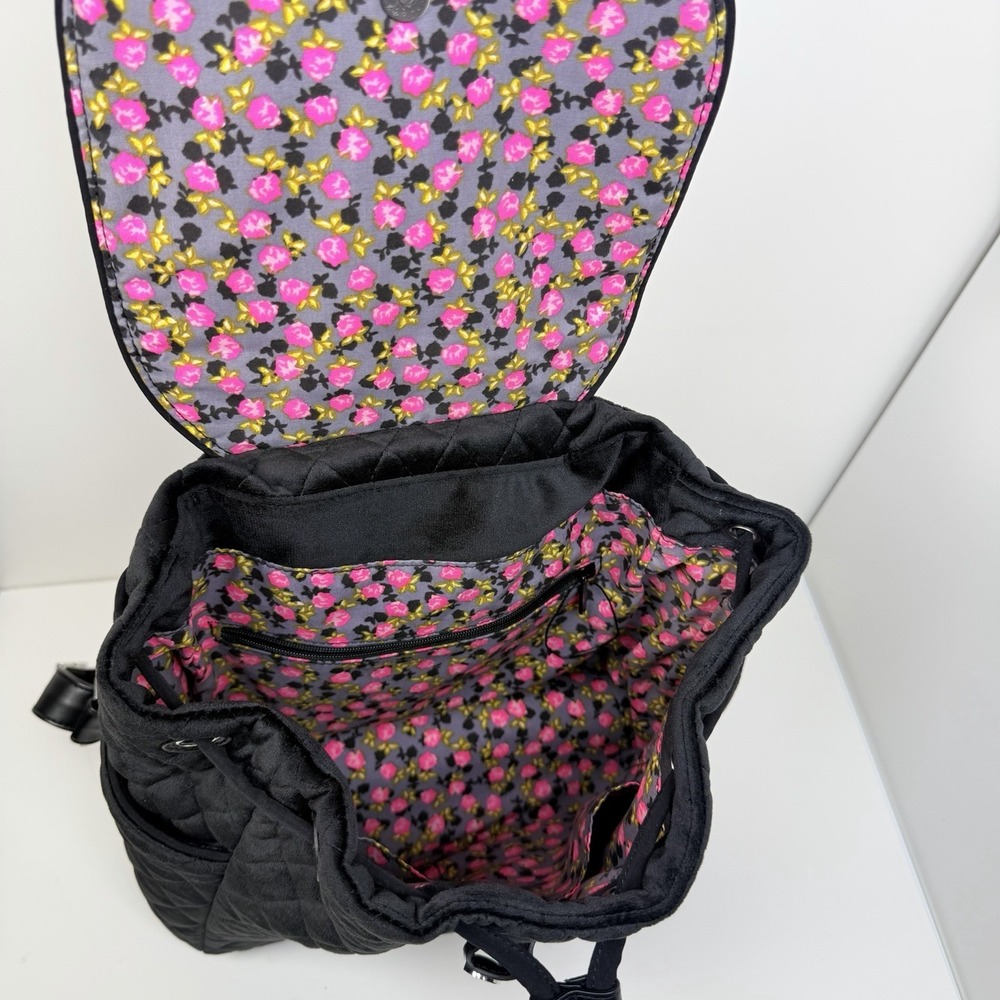 Vera Bradley Black Quilted Velvet Drawstring Backpack Floral Lining NWOT - Picture 5 of 11